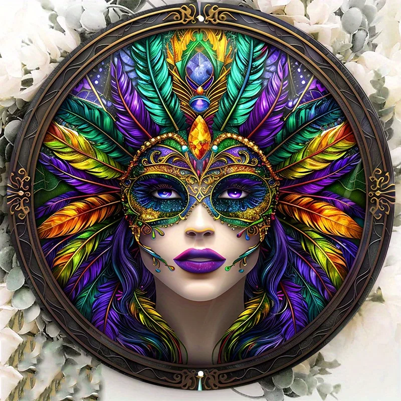 

Mardi Gras Inspired Aluminum Sign, Colorful Mask Design, Stained Glass Look, Outdoor or Indoor Use, Wall Poster, 8x8 Inch 1pc