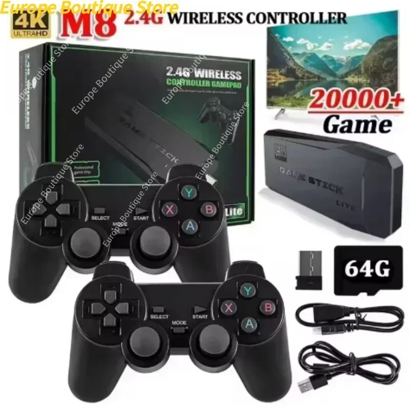 

2025 НОВАЯ игровая приставка HD, игровая приставка в стиле ретро, 2,4G, двойной беспроводной контроллер, Game Stick, 4K TV, 64G, классическая высокая четкость