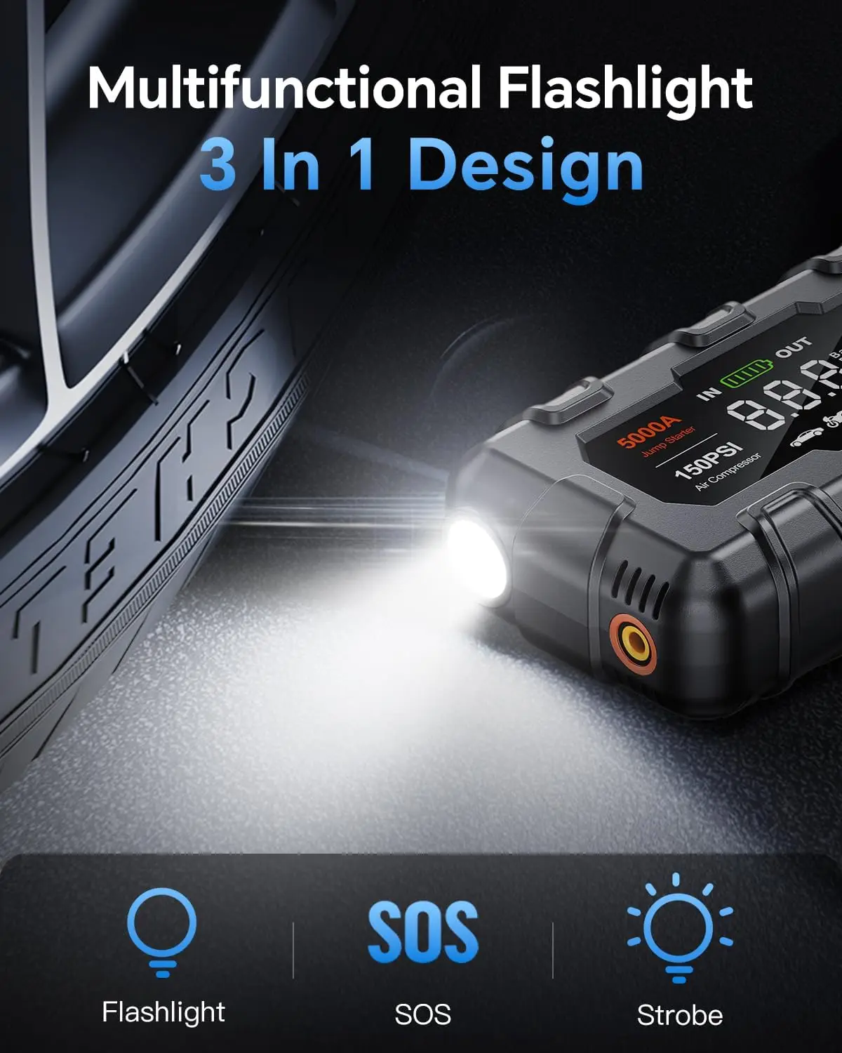 Jump Starter 5000A، 12V مع ضاغط هواء، PD 45W، ضوء LED، كابلات توصيل، شاشة، حقيبة تخزين