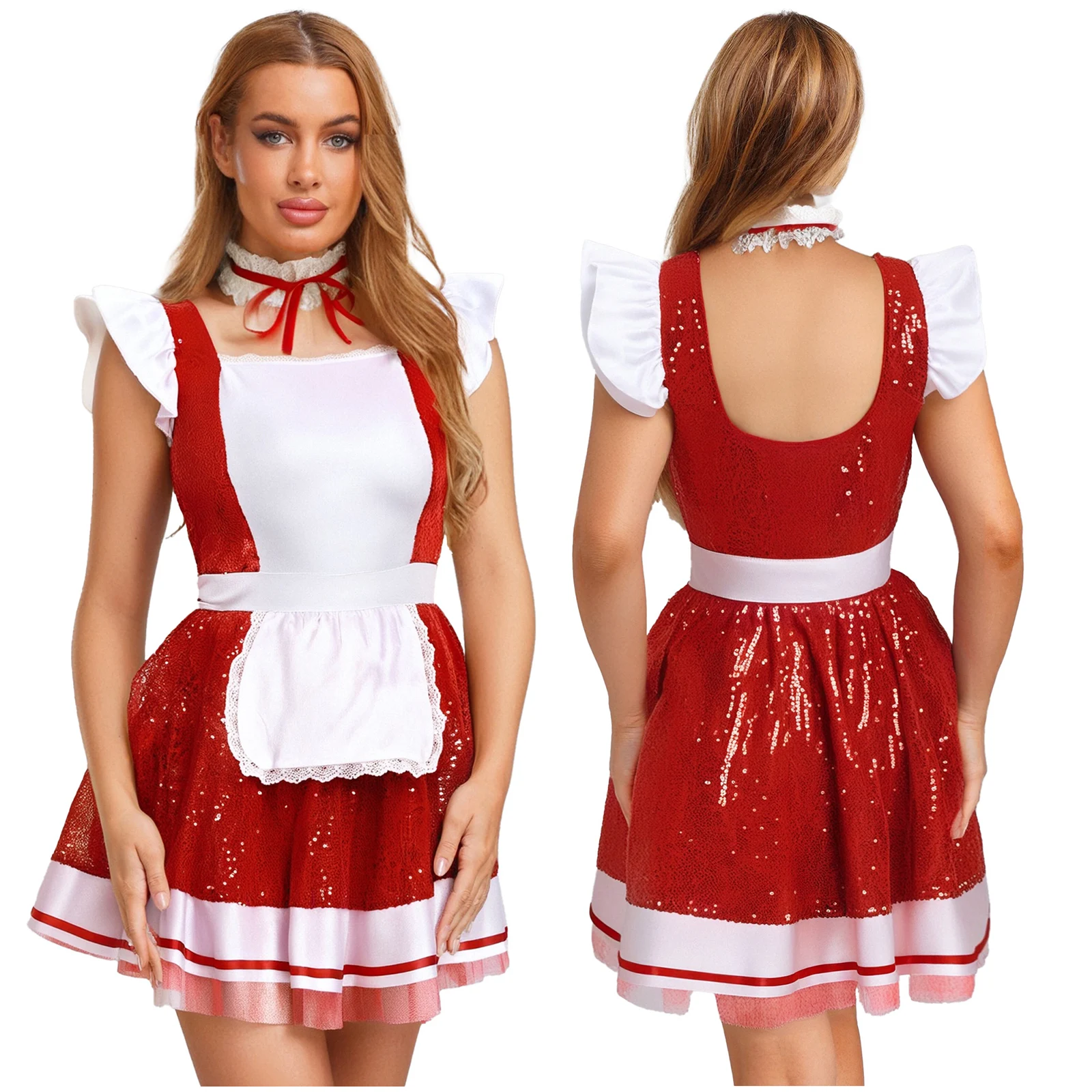 

Women Fancy Sequins Bunny Maid Cosplay Dress And Choker Lace Trim Apron Maid Servant Dress for Nightclub Halloween Costumes