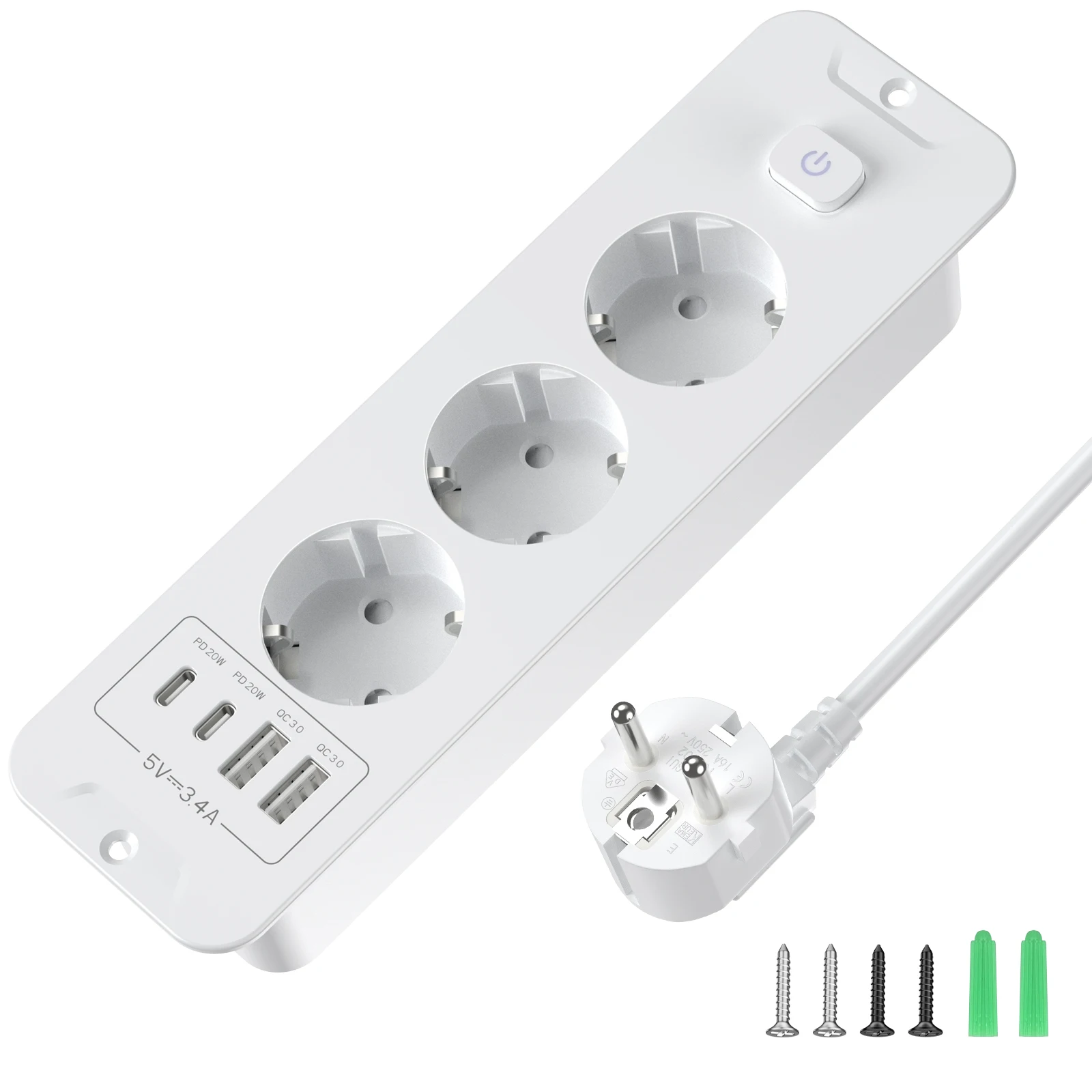 EU Built in Power Strip Desktop Recessed Socket with 2 USB 2 Type C Fast charge, Multi-Contact Outlet with 2M Extension Cable