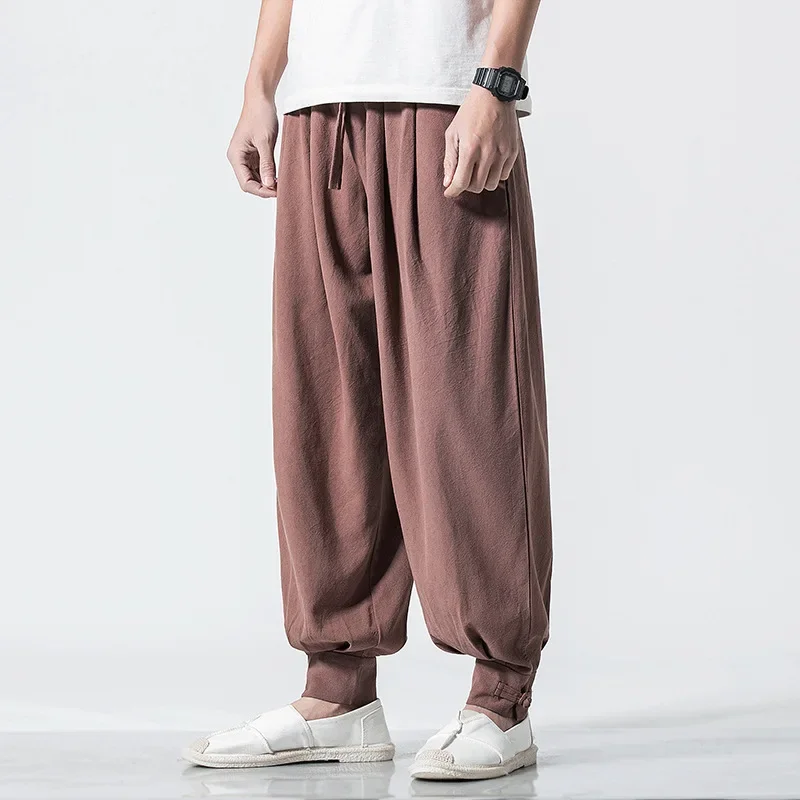 5XL Autumn Men Sweatpants Linen Harem Loose Wide Leg Bloomer Baggy Yoga Running Jogger Casual Workoout Track Pant Sportswear