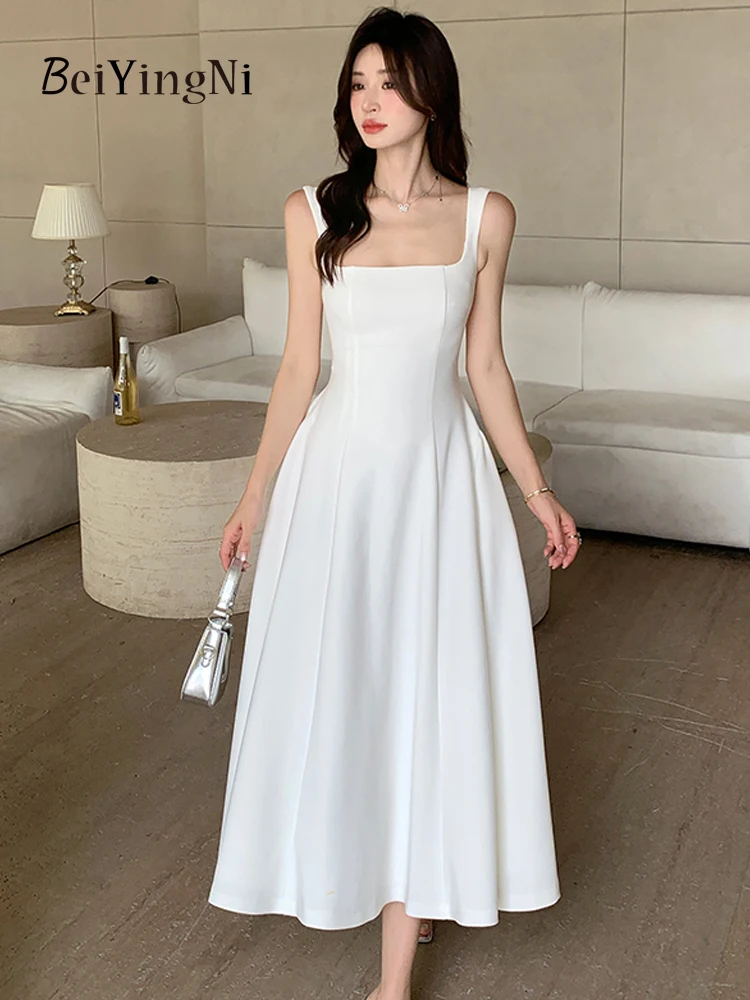 Beiyingni White Women's Straps A-line Elegant Dresses Sexy French Party Luxury Long Vestidos Ruffles Romance Ball Gown Dress