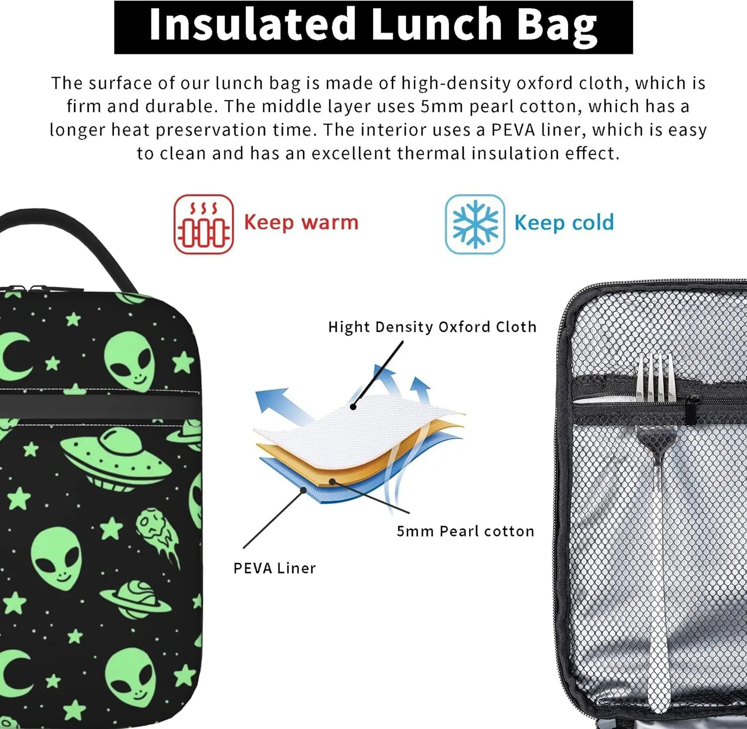 Borsa da pranzo isolata UFO Green Alien Moon-borsa da pranzo portatile riutilizzabile per donna, uomo e bambino