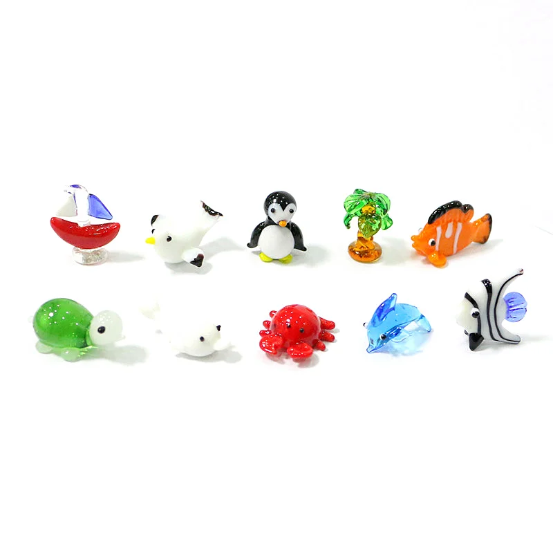 10pcs Murano Glass Figurine Sailboats, Clown Fish, Coconut Trees, Tropical Fish, Penguins, Crabs, Tortoises, Dolphins, Seagulls