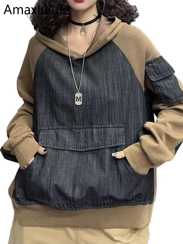 

Amax luluE Korean Sweatshirts Womens Spring Fashion Denim Hooded Patchwork Hoodies Ladies Leisure Vintage Classic Cotton Clothes