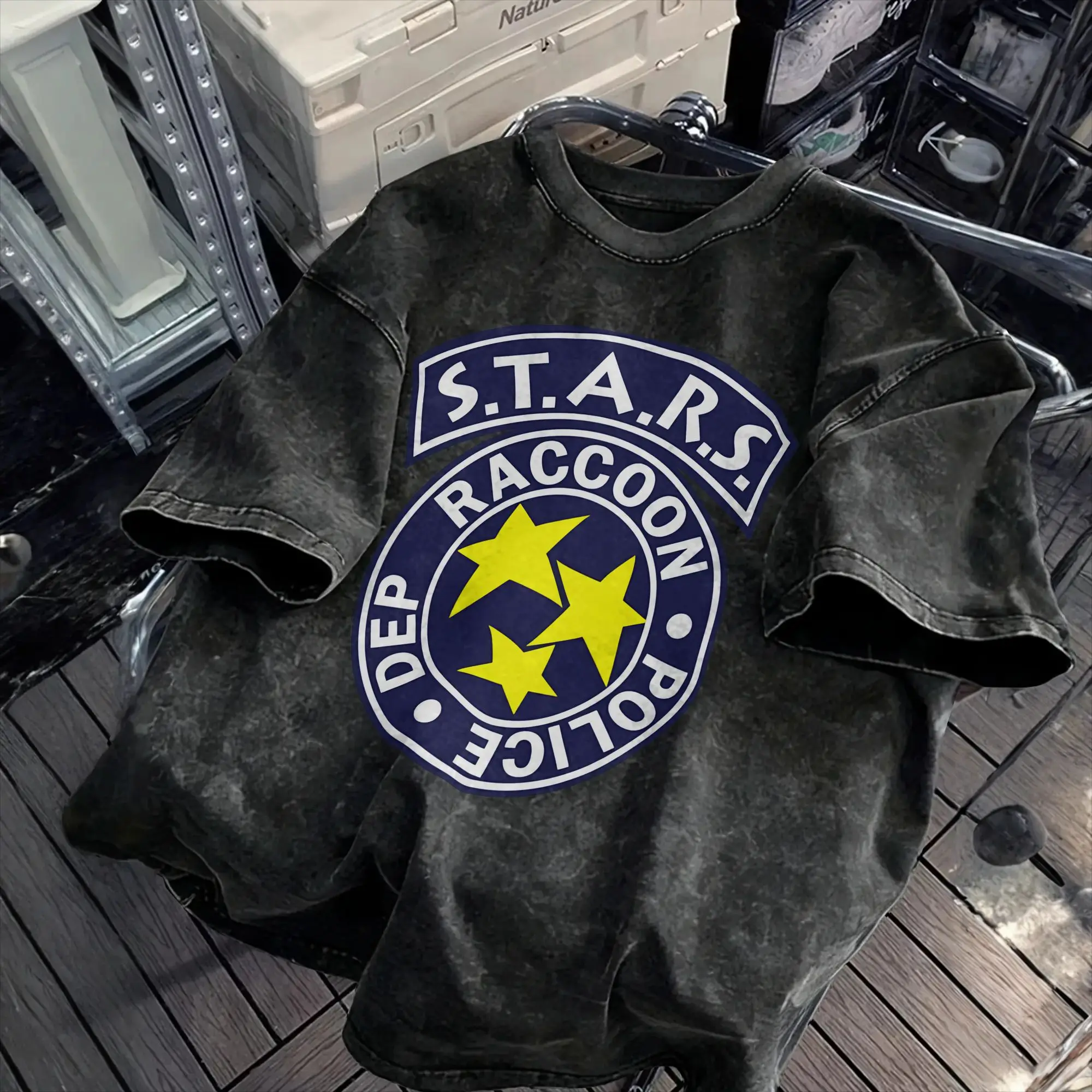 STARS Raccoon Washed T Shirt Men  Y2K Fun Casual T-Shirts Summer O-Neck Hip Hop Tee Shirt Print Plus Size Clothes