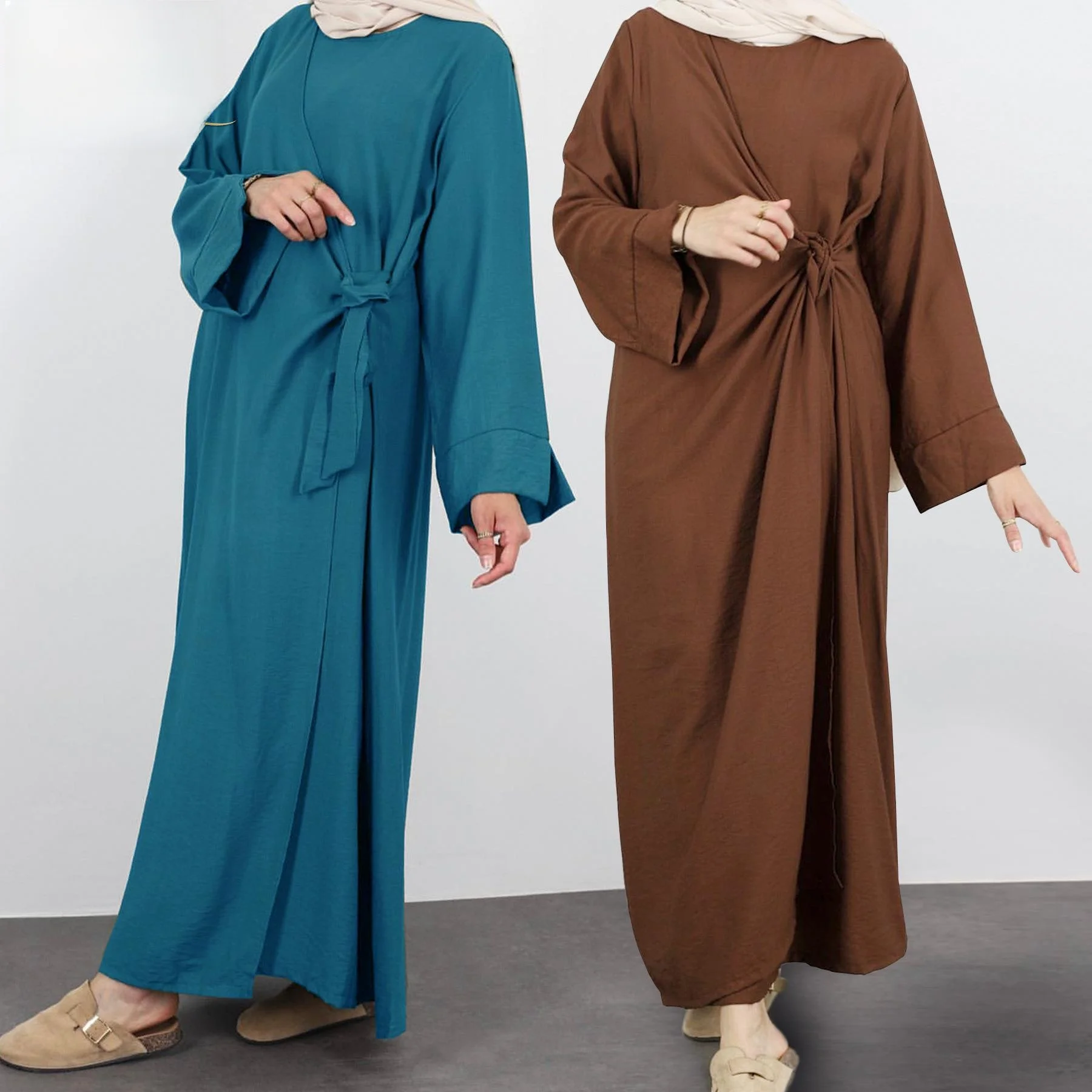 

Lo Dubai Middle East Pure Color Belted Long Dr Robe LR820 Autumn Long Sve Faionable Ele Women's Gown