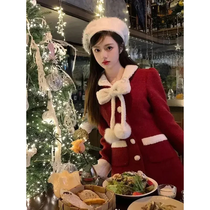 

New 2025 Red Warm Winter Christmas Women Bow Knitted Retro Korean Sweet Mini Long Sleeve France Vintage Dress ☆★☆★qq hh:5
