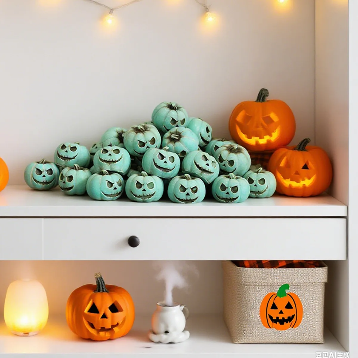 

‌Set of 20 Green Pumpkin Faces - Spooky Halloween Garden Decor Stones