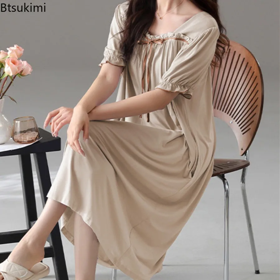 New 2025 Summer Modal Women's Pajama Dress Loose Short Sleeve Dot Ruffle Nightdress Sleepwear Home Wear Lace Up Nightgown Female