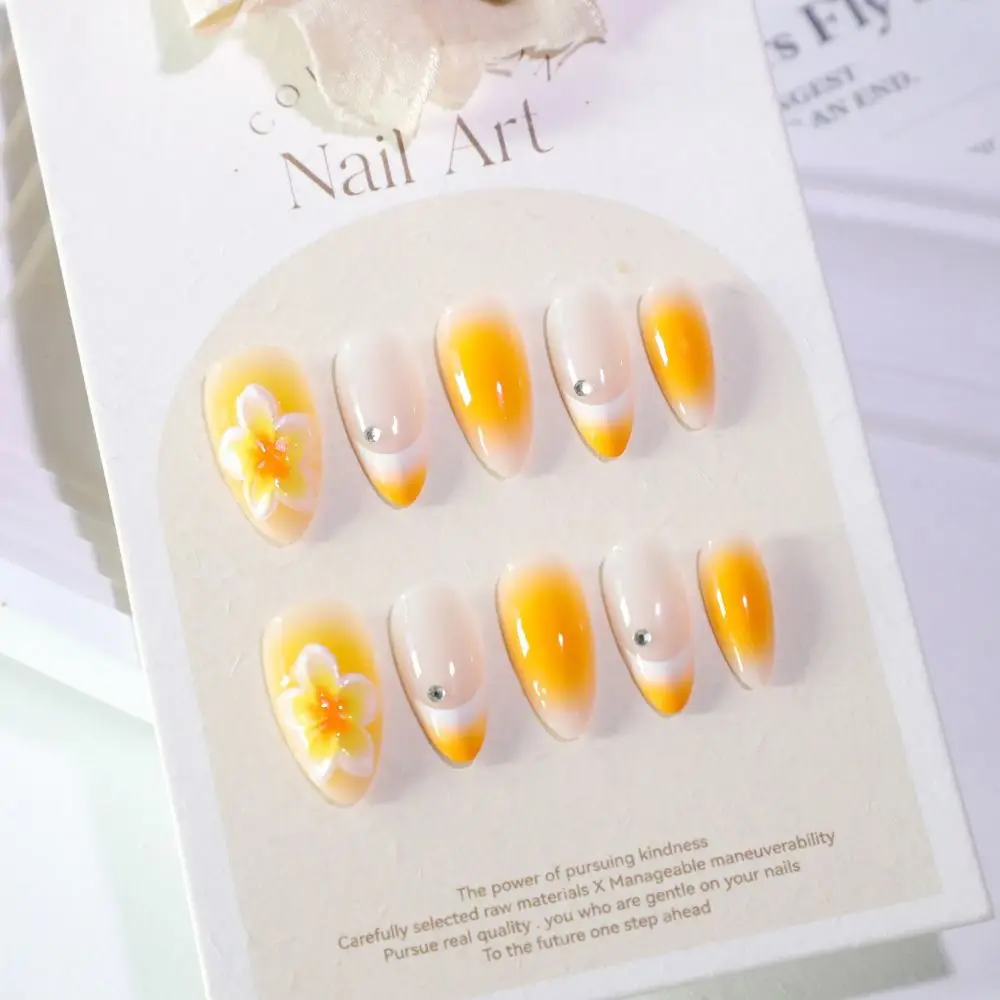 24pcs Manicure Long Almond False Nails French White Edge Press on Nails Detachable Aurora Flower Fake Nails DIY