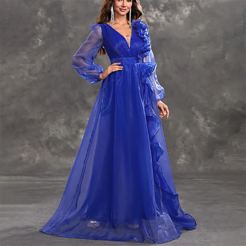 

Blue Sexy Deep V Neck Formal Evening Dresses Tulle Full Sleeve Ruffle Birthday Party Prom Gowns Customized robes de soirée