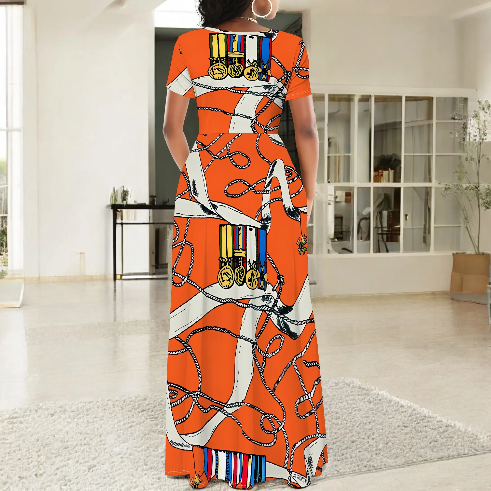 Abito lungo Boho ampio da donna a maniche corte con collo sexy, abito lungo da vacanza casual con orlo diviso stampato alla moda