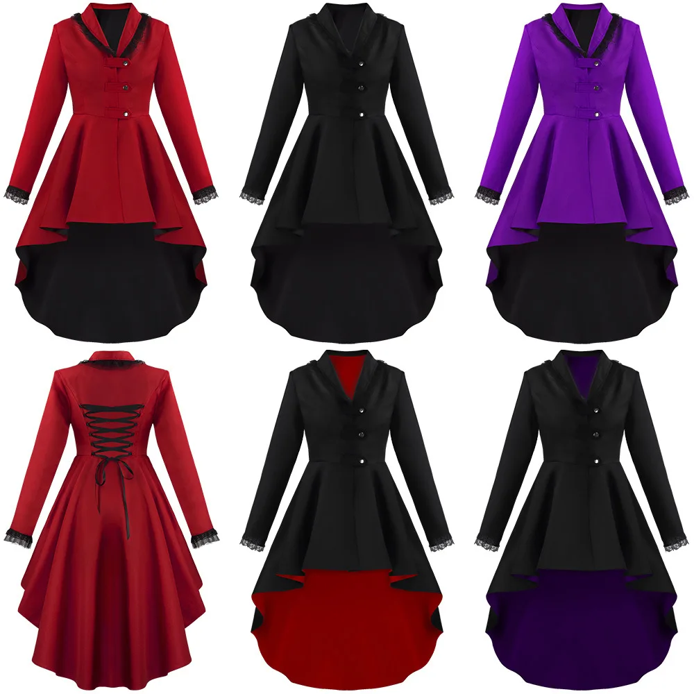 

2023 New Vintage Gothic Lolita Dress Women's Trench Coat Steampunk Medieval Autumn Winter Dance Patry Robe Lace Pathcwork Dress