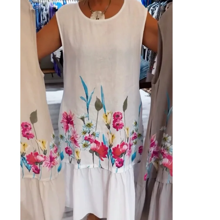 Moda O-neck bez rękawów kwiatowy Print długa sukienka damska 2025 lato Looce patchworkowy w stylu Casual wygodne sukienki dla kobiet szata