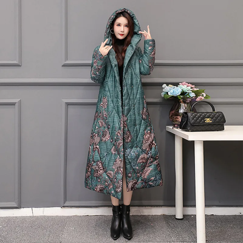 Fdfklak Hooded Thick Warm Parkas Women Vintage Printed Down Cotton Winter Coat Middle Aged Mother Overlength Padded Jacket