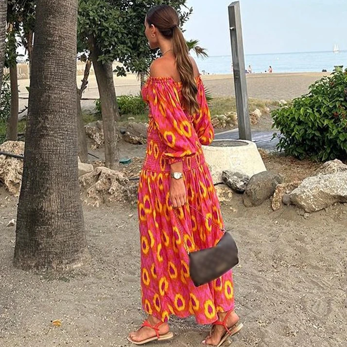 TEELYNN Vintage Puff Sleeve Beach Boho Dress Women Robe Sexy Off Shoulder Slash Neck Rayon Dresses Summer Casual Long Vestidos