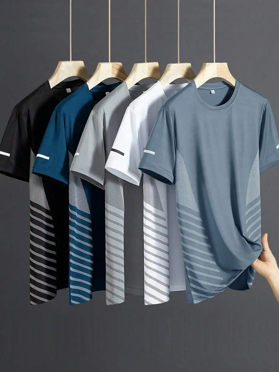 5pcs/Set Men's Quick Dry Running T-Shirts, Suitable For Hiking And Fishing - Silky Fabric, Soft, Stretchy, Lightweight Summer