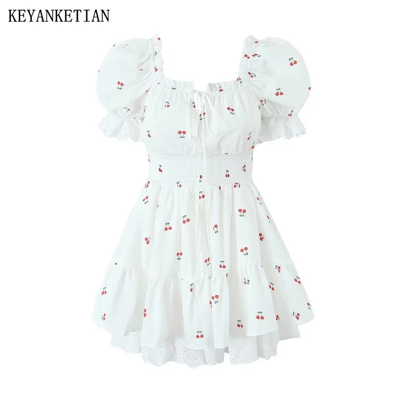 

KEYANKETIAN 2024 New Launch Women's Tiered Ruffles Lace Decoration Fruit Print Dress Sweet Lace Up Slash neck Slim Mini Dress