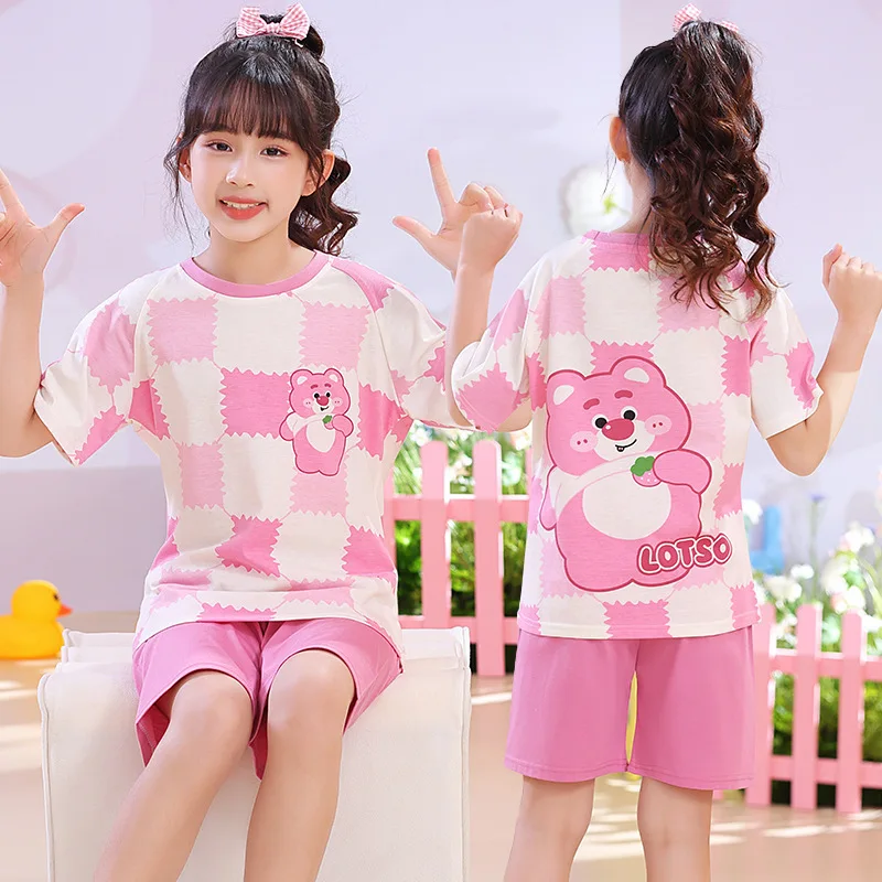 Pink Kuromi Girls Children's Pajamas Set Summer Cotton Short Sleeve Thin Cartoon Big Child Princess Style Home Dress Set