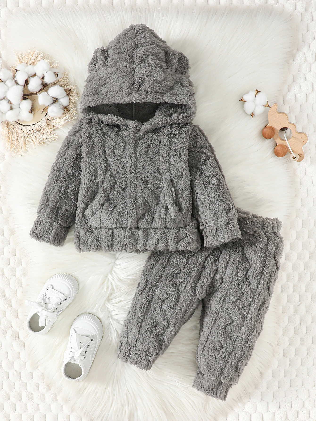 Gray Fuzzy Design Sense Baby Boy Suit Hooded Long-Sleeved Pocket Top Elastic Waist Pants For Baby Boys Simple Solid Color Hoodie