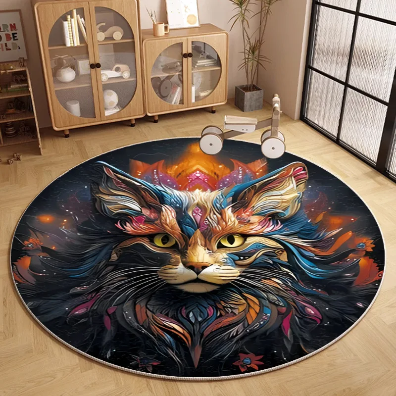 Cat Theme Round Carpet Fantasy Texture Starry Background Floor Mat Modern Creative Interior Home Decor Rug for Living Room