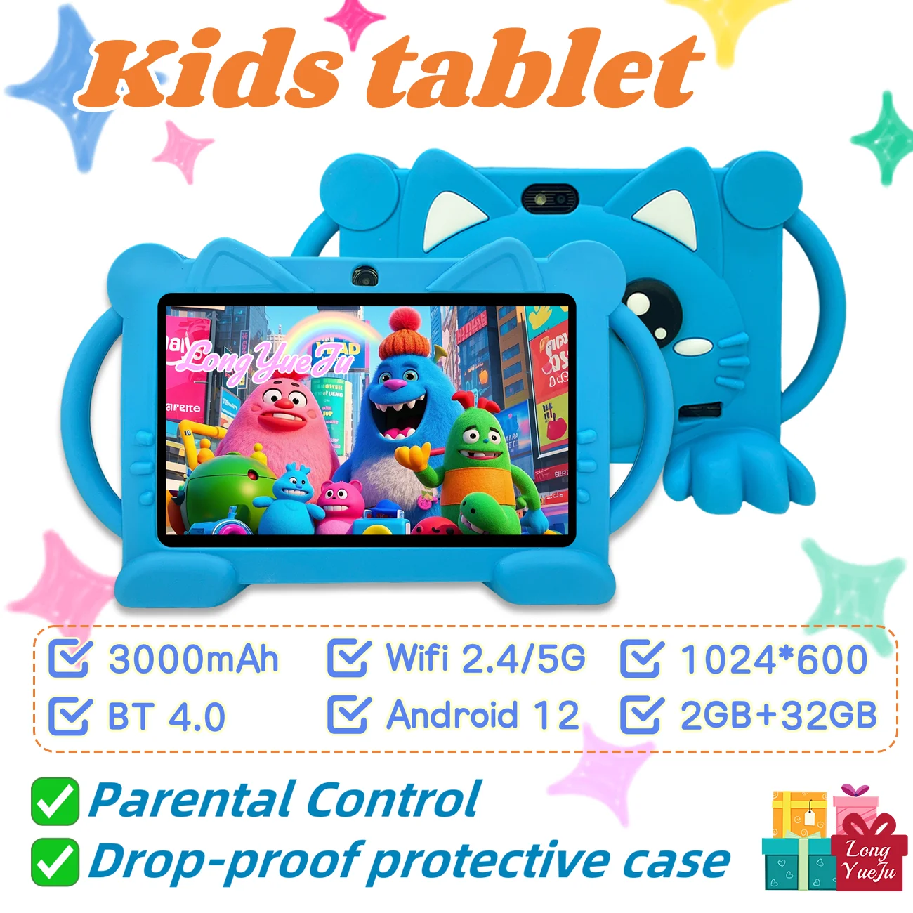 

Cute Cat Design Tablet, 7 Inch Android Tablet with Silicone Case, Educational Tablet with Parental Control, Learning Tablet