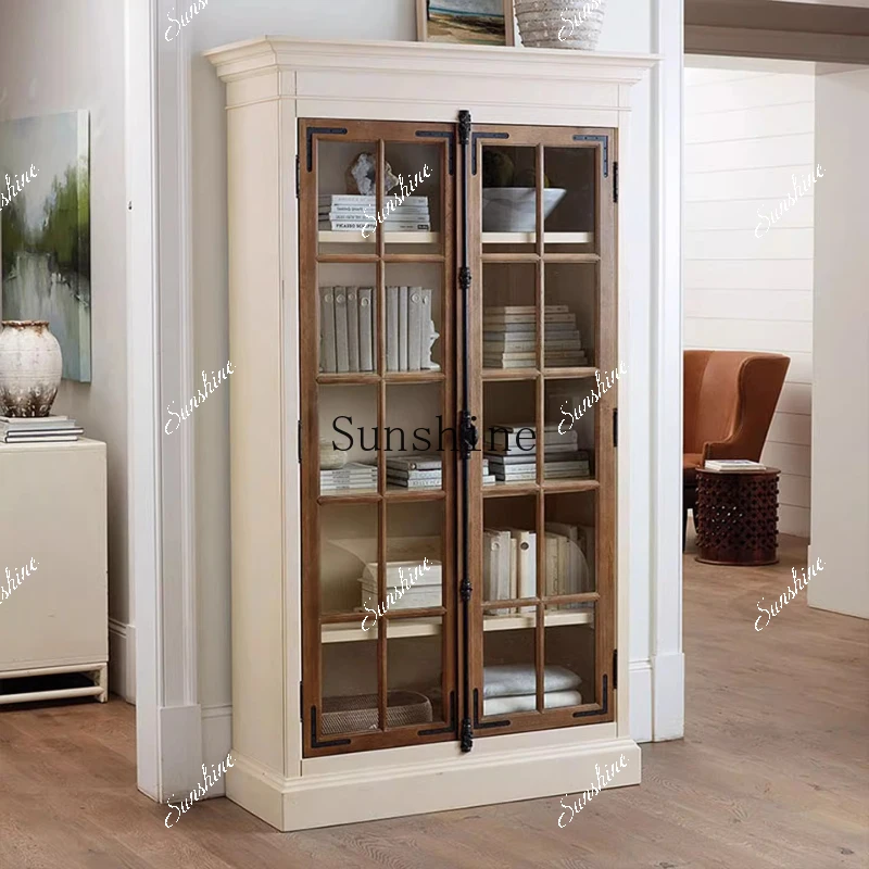 American study solid wood retro wall glass door contrasting color floor high cabinet storage FT