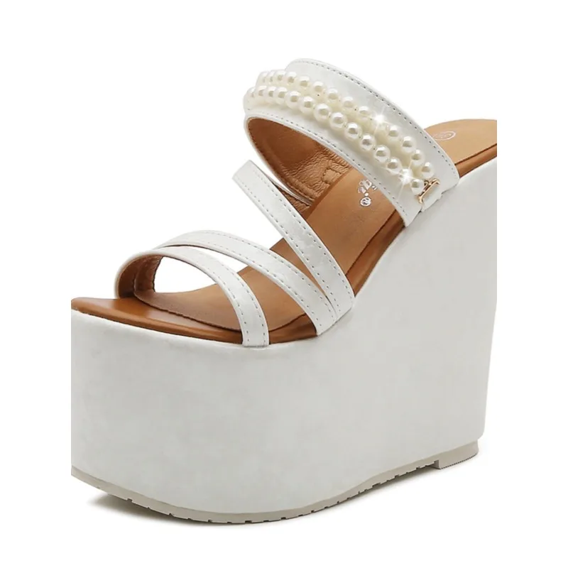 

15cm Super High Wedge Heel Outdoor Fashion Slippers Solid Color Pearl Embellished Petite Women Small & Plus Size Bride Shoes