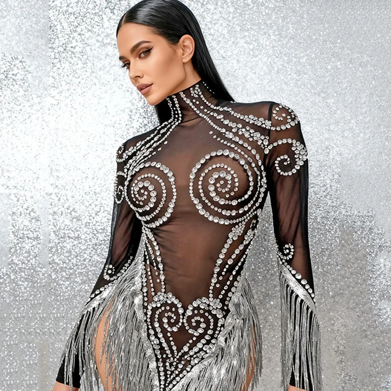 

Сексуальные платья с бахромой и стразами, черное платье для ночного клуба, бара, вечеринки, клуба, певицы, сценическая одежда, наряд королевы танцевального зала VDL4639