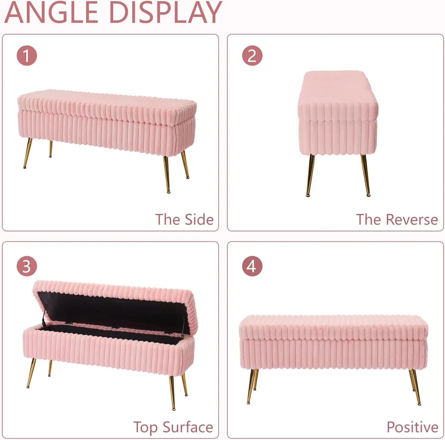 Banc de rangement pour chambre à coucher de 44 pouces, banc de rangement rembourré avec pieds en métal doré, banc de rangement moderne avec sièges pour le salon