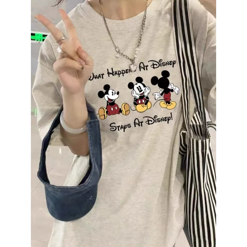 تي شيرت ديزني كارتوني لطيف محيطي مطبوع عليه ميكي بأكمام قصيرة للنساء والرجال للأزواج صيفي فضفاض متعدد الاستخدامات