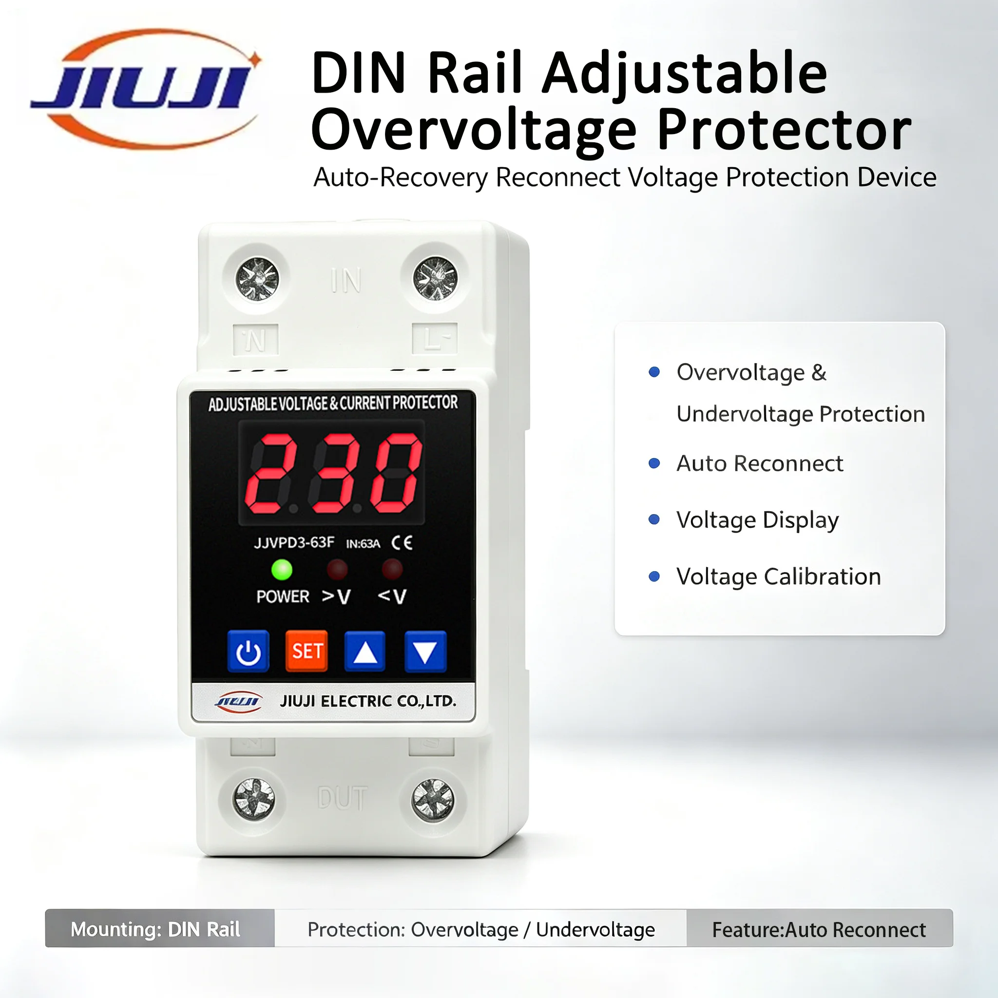 40A 63A 220V Din Rail Adjustable Recovery Reconnect Over and Under Voltage Protective Device Protector Over Voltage Protector