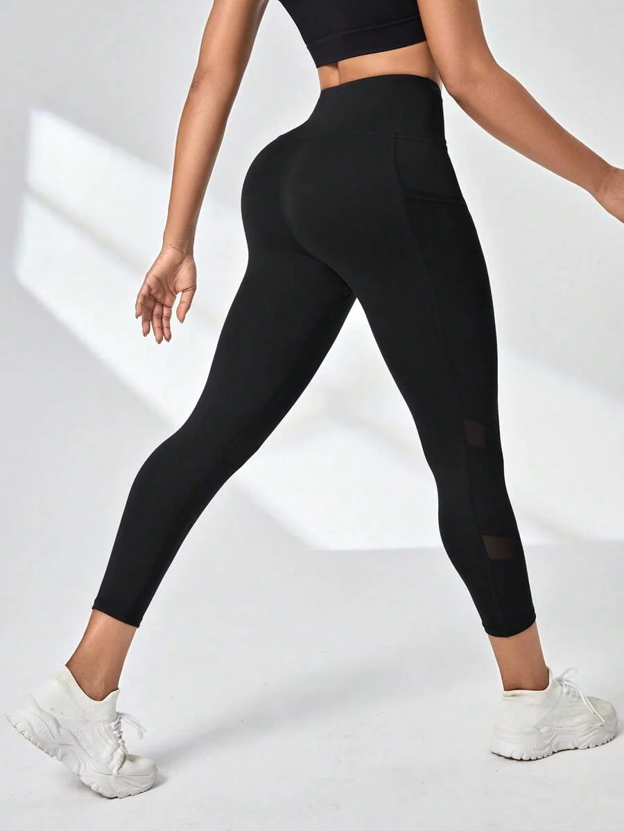 Tummy Control Hip Lifting Sports Capri Pants, High Waist Stitching Mesh Capri Leggings