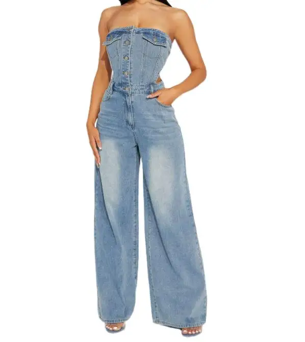 Damen-Jeansoverall, trägerlos, One-Shoulder, schmale Passform, gerades Bein, weites Bein, modische, lässige Hose mit hoher Taille