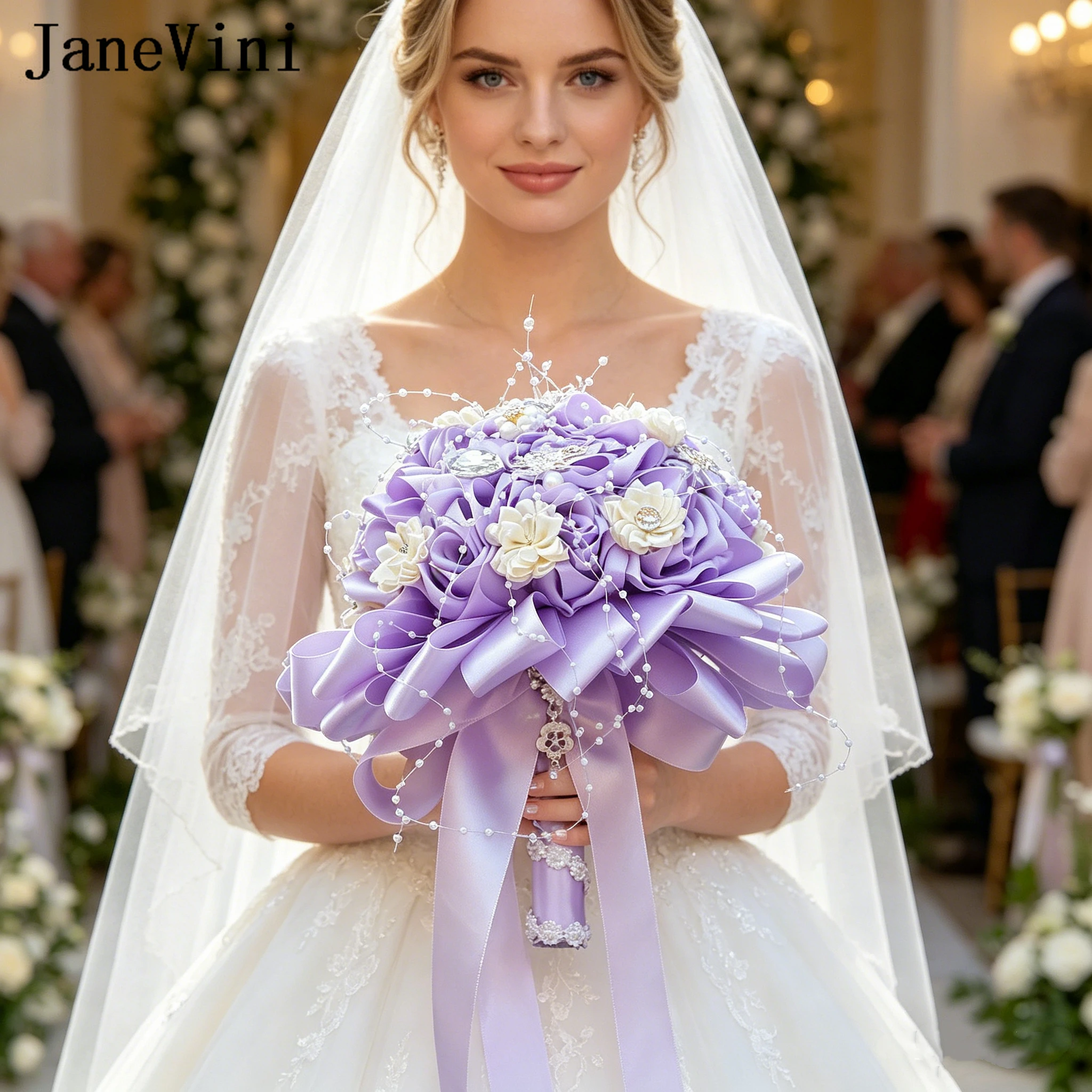 JaneVini Handmade Lavender Purple Bridal Bouquet with Crystal Pearl Luxury Satin Ribbon Wedding Flower for Bride Bridesmaids