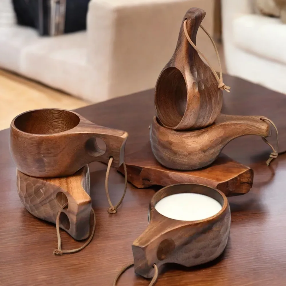 Handmade Wooden Milk Cup Acacia Wood Coffee Mugs Tasse with Carrying Rope Handle Camping Drinkware Cups Artifact Kitchen Tools