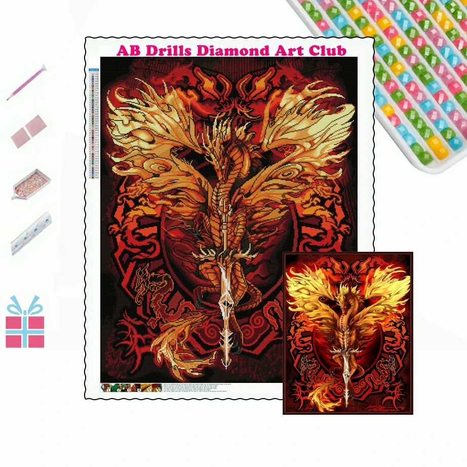 Dragon and Phoenix 5D DIY AB Drills Diamond Painting Full Square Round Embroidery Fantasy Rhinestones Cross Stitch Home Decor