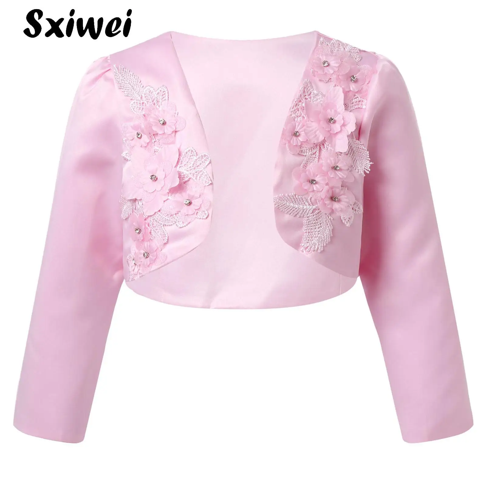 

3D Applique Formal Satin Bolero Jackets Kids Girl Cardigan Long Sleeve Open Front Wedding Party Dress Outwear Coat Shawl Shrug