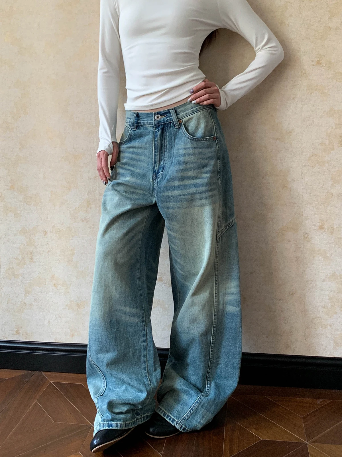 

Aket American High Street Waed Wide Leg Jeans Loose Floor-Length Pants Women's Faionable Clean Fit Casual Cotton Denim