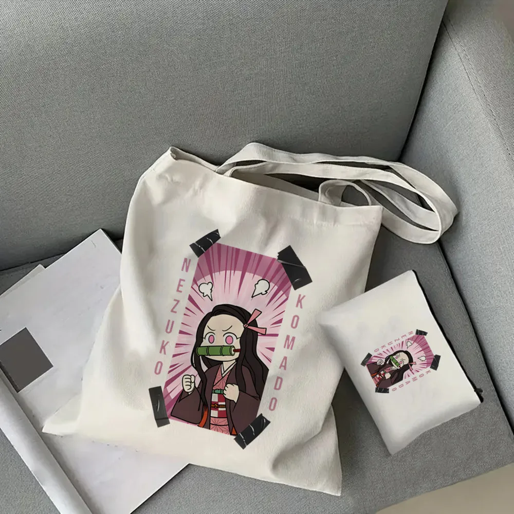 2pcs Demon Slayer Kamado Nezuko Tote Bag Set, Fashion Canvas Shoulder Bag with Makeup Bag, Portable Shopping Bag