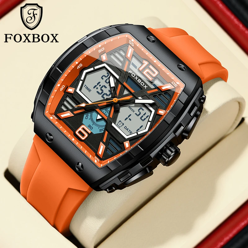 

FOXBOX New Men's Electronic Wristwatch Fashion Business Square LED Chronograph Clock Male Waterproof Luminous Quartz Watch Men