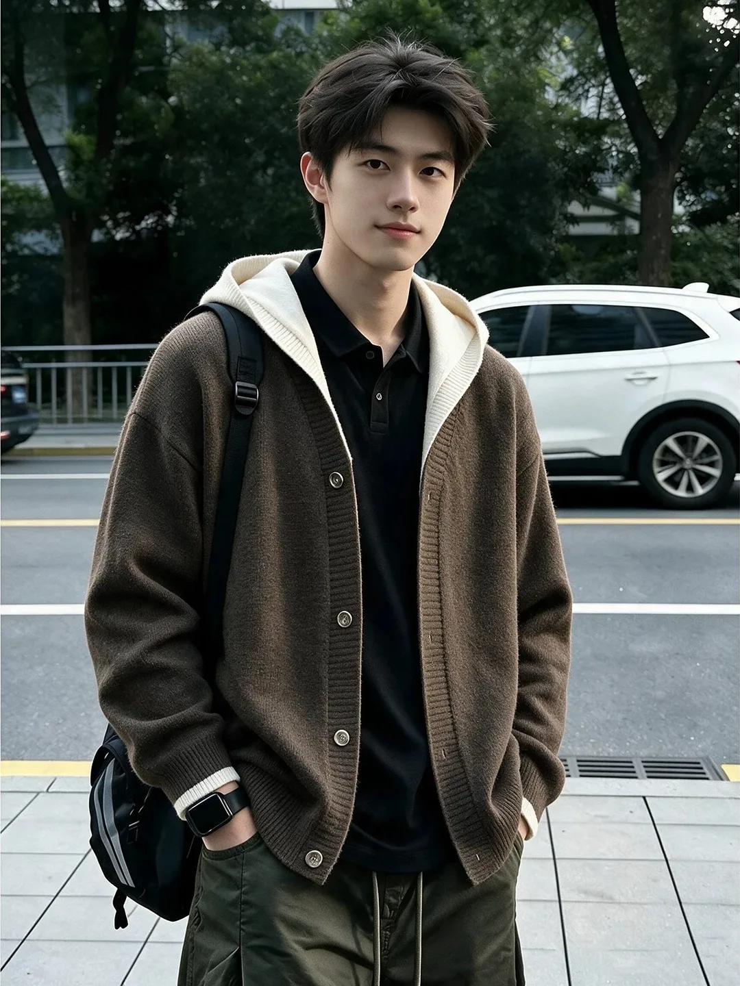 Korean Style Polar Fleece Color Block Hooded Knitted Cardigan Men's Autumn Winter New Fashion Versatile Outerwear Sweatshirt