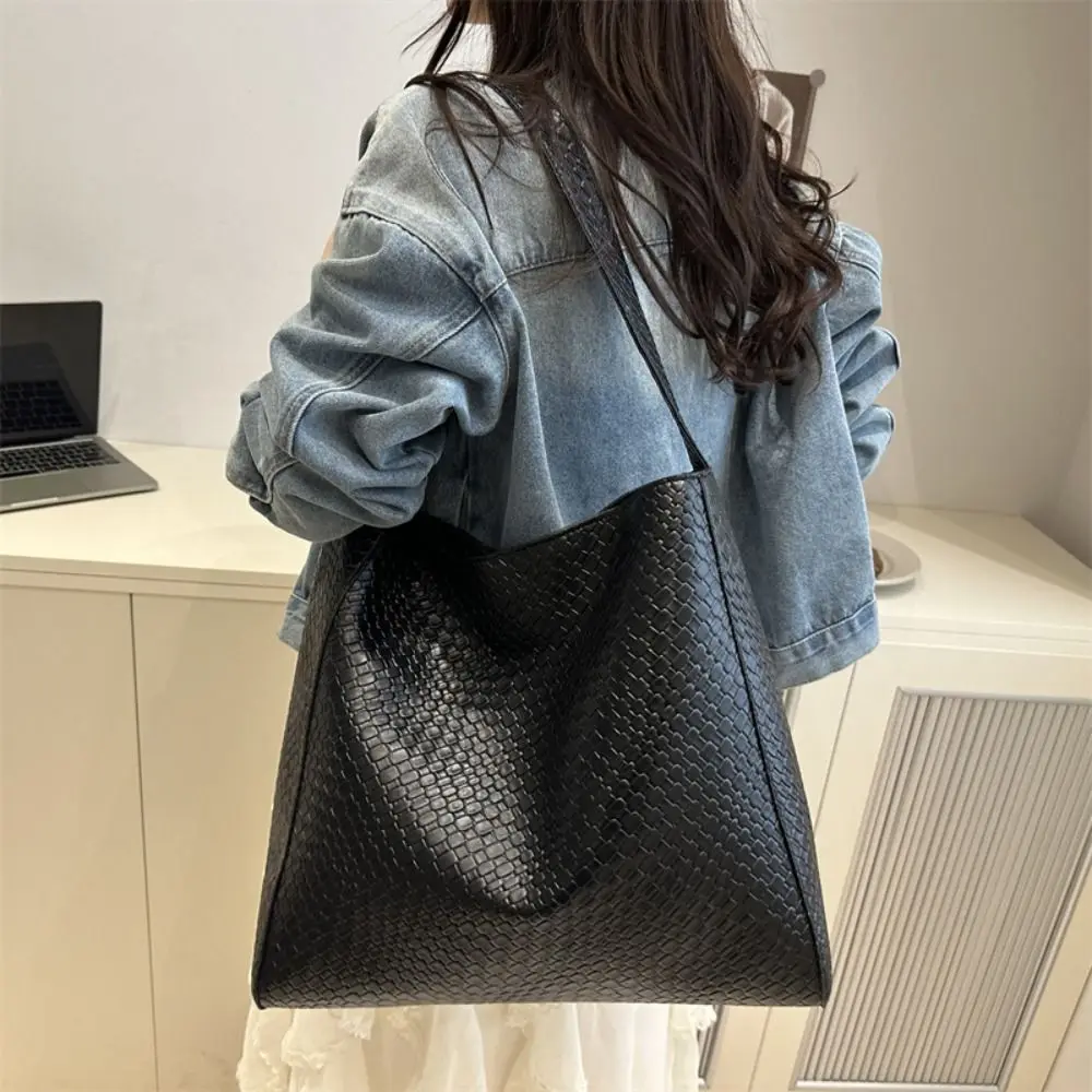 

All-match Solid Color Pu Leather Tote Bag Vintage Woven Pattern Shoulder Bag Leisure Large Capacity Women's Handbag Work