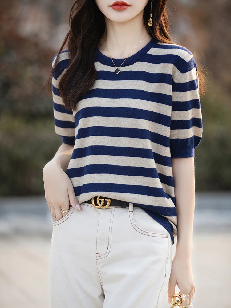 

Faionable Color Blo Stripe ort Sve Вязаный топ Женская летняя утягивающая простая универсальная футболка Fem Upper Body