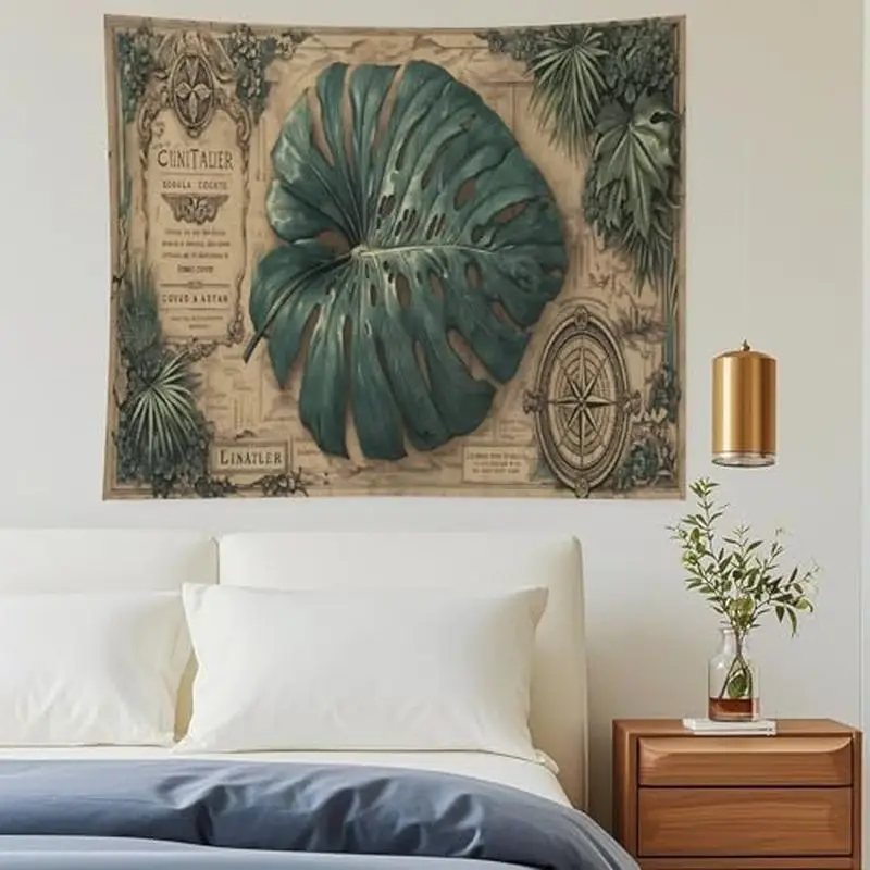 VIKAMA Vintage Botanical Monstera Leaf Compass Wall Tapestry Beige Antique Paper Tropical Plant Guide Nautical Bedroom Living