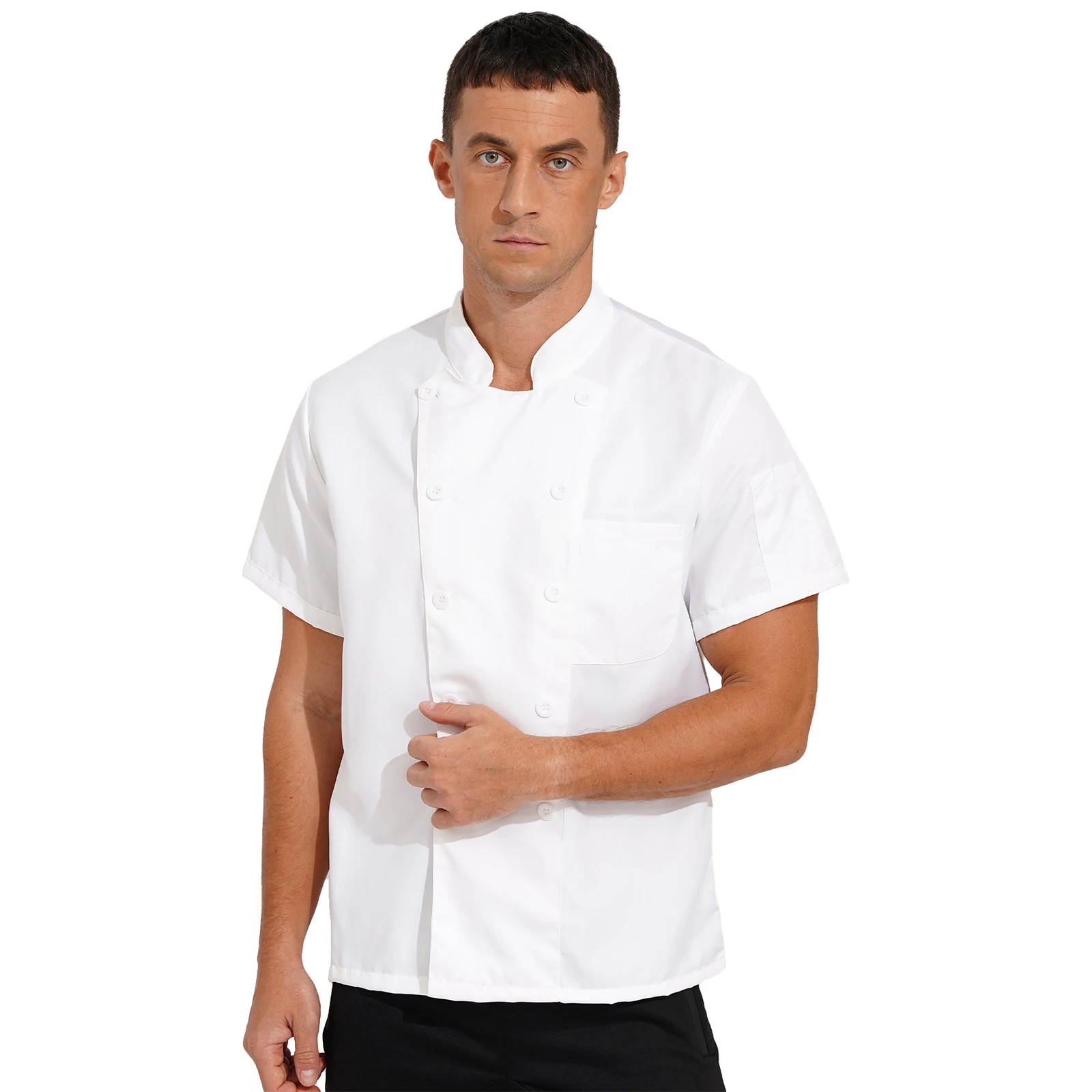 Unisex Chef Jacket Mens Womens Short Sleeve Stand Collar Chef Coat Canteen Restaurant Hotel Cook Uniform Catering Work Shirt