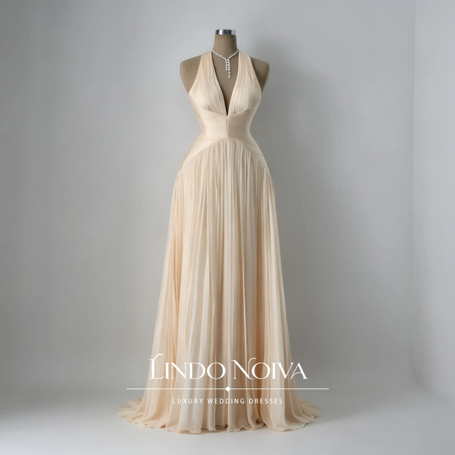 LINDO NOIVA Customized Champagne Halter V-Neck Chiffon Wedding Dress Simple Sleeveless Vestidos De Novia For Garden Wedding