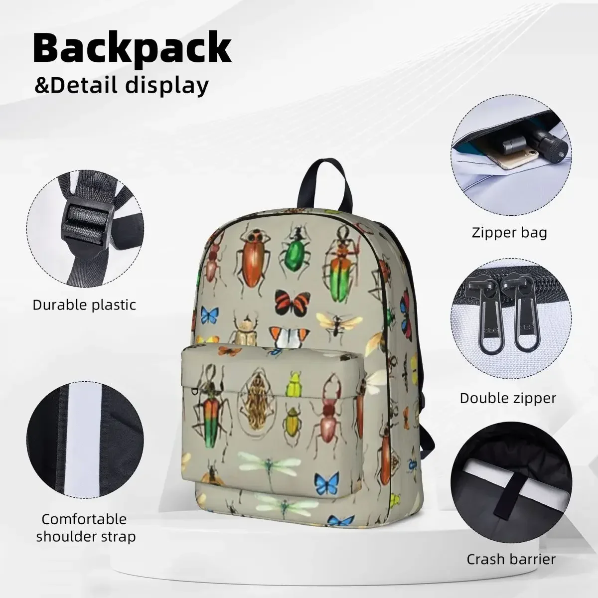 The Usual Suspects - Insects On Grey Backpacks Boys Girls Bookbag Waterproof Students School Bags Portability Travel Rucksack